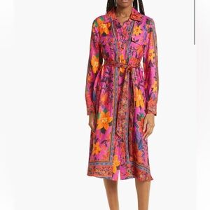 $260 NWT Farm Rio tropical tapestry pink midi long sleeve belted dress XS